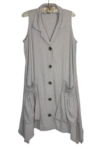 For Cynthia Dress L Gray Button Up Linen Lagenlook Pockets Sleeveless Minimalist
