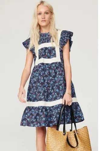 SEA NEW YORK Dark Blue Floral Cotton Lace Trimmed Tilly Tunic Dress Size 14