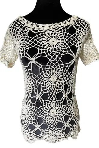 Handmade Cream Boho Hippie Eclectic Witchy Earthy Sunburst Floral Crochet Top Size M