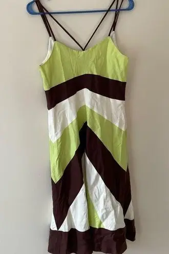 Yves Cossette Spaghetti Strap Color Block Slip Dress Lemon Brown Beige Size 8. Green