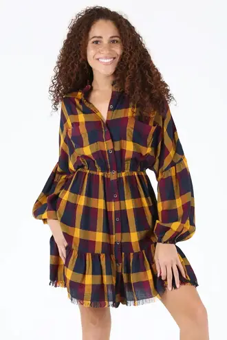 Angie NEW! Boho Plaid Long Sleeve Mini Dress Fringed Hem Grunge