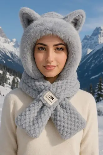 Gray Plush Hooded Scarf Hat With Animal Ears – Faux Fur Winter Wrap Gray