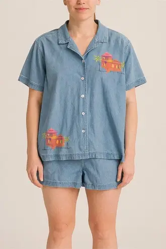 Vintage Resortwear Size Large Denim Chambray Beach Hut Button Down