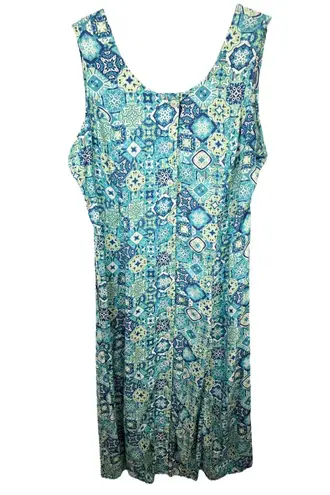 VTG Koret Large Maxi Dress Y2K Blue Tile Print Sleeveless Button Cottagecore 334