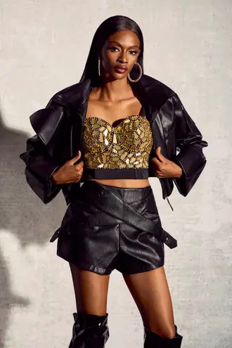 The Sang ⭐️ Size Medium Gold Mirror Pearl Crystals Corset Bustier Top $50.00 ⭐️