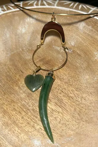 Vintage Gold Tone Choker Green Jade Horn & Heart Pendant Necklace