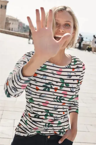 Boden Statement Breton Stripe Top Bird Heart Print US 8 Novelty Print White