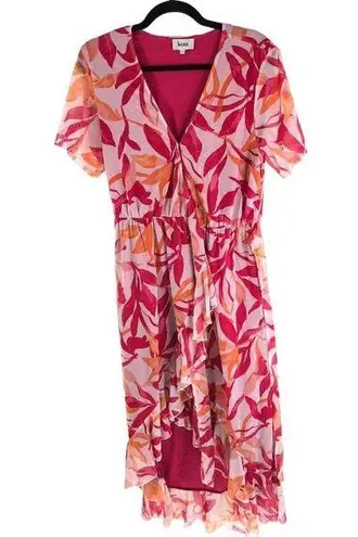 Leota Womens Midi Mesh Dress Leaf Print Short Sleeve V-Neck Ruffle Skirt Pink L