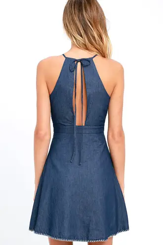 Moon River Once in Awhile Blue Chambray Skater Dress