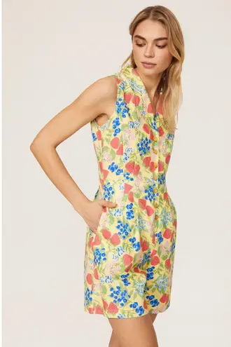 Rachel Antonoff Kitty Strawberry Fruit Print Sleeveless Collared Linen Romper 0 Yellow