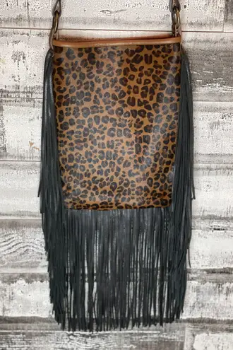 Handmade, Hide on Leopard Print with fringe crossbody purse with adj strap Multi