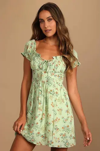 Lulus All Heart Floral Mini Dress XS Sage Green Milkmaid Cottagecore Coquette