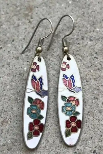 Vintage Enamel Flower & Butterfly Brass Earrings Pierce Dangle Work Gold Tone White