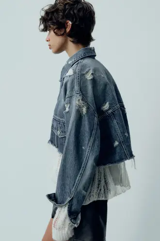 ZARA denim jacket jean cropped distressed coat