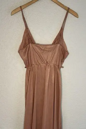Vintage Avon Slip Dress Maxi Nightie Mauve Lace Sexy Coquette Nylon Open Slit Pink Size L