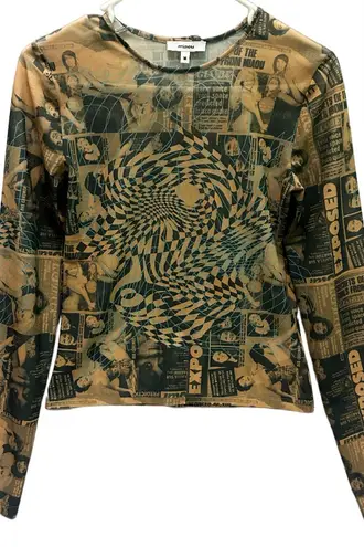 Miaou Graphic Mesh Top in Black and Tan Size M Brown Size M