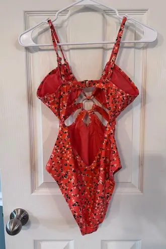 California Sunshine Red and Black One Piece Swimsuit with Plunging Neckline