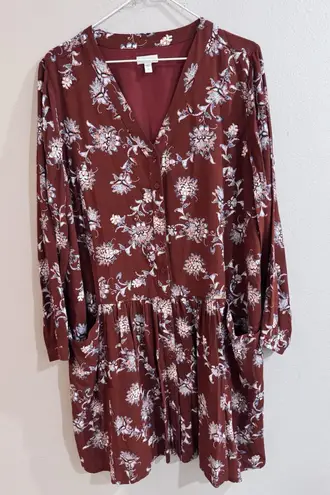 Garnet Hill Red Floral Dropwaist Button-Up Dress Size 10 NEW Pockets Winter