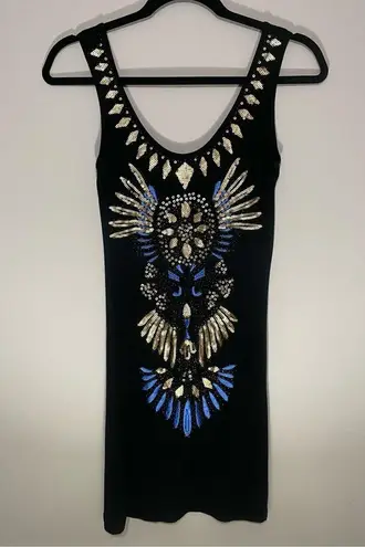 Arden B Mini Dress XS Black Tank Top Gold Sequin Blue Embroidered Jersey Knit