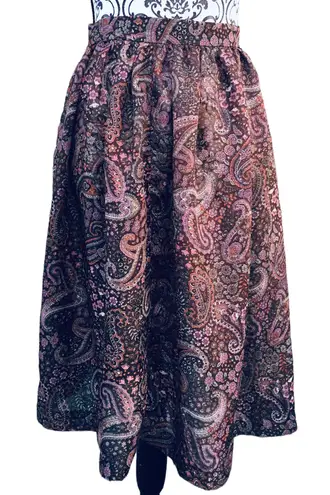 Vintage 70s 80s Dimension V Sheer Brown Pink Paisley Knee Length Skirt Midi S