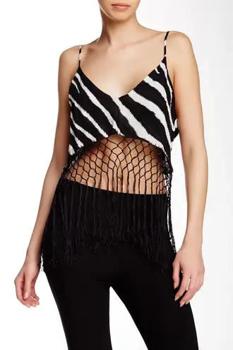 Indah Xolani Macrame Fringe Crop Tank Top Zebra Print