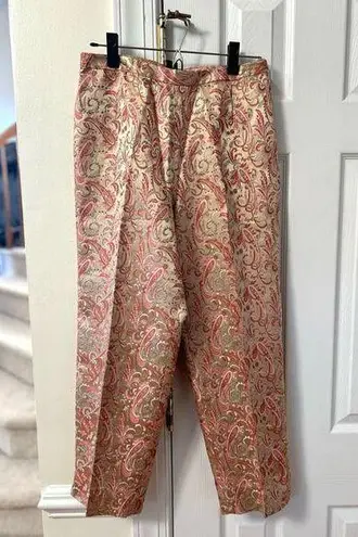 Vintage Via Seta Champagne Gold & Coral Pink Paisley Silk Ankle Pants Size 6