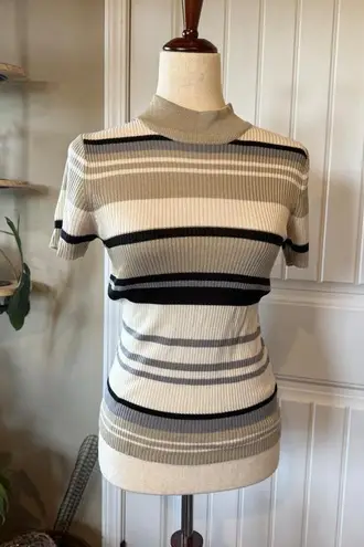 Chandler Hill Knit Mock Neck Striped Short Sleeve Sweater Top Womens Size S