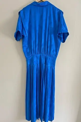 Vintage Blue  embossed satin feel pleated retro 80s maxi dress