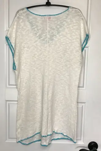 Fresh Produce Fresh Produce Swim Cover Women's M/L Sheer White Turquoise Trim Cotton, Linen