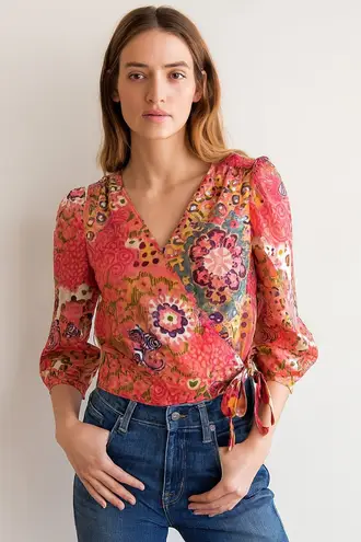 J.Crew  Boho Wrap Tie Puff Sleeve Blouse Coral Pink Orange Floral Top Small