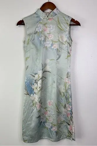 Chinese Stretch Satin Mandarin Floral Gown Light Green Size M Blue Size M
