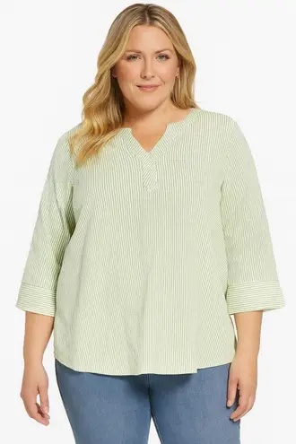 Joan Rivers Knit Seersucker 3/4-Sleeve Pullover Top - Green and White, Size XL