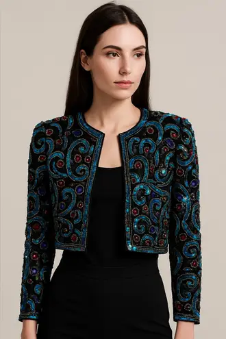 Scala Vintage Elegant Jacket Black and Blue Sequin Crop Blouse Jacket
