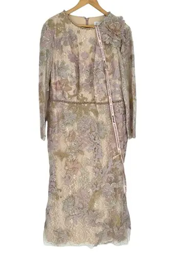 Mac Duggal Embellished High Neck Long Sleeve Dress in Nude size 16 NWT 3D Flower