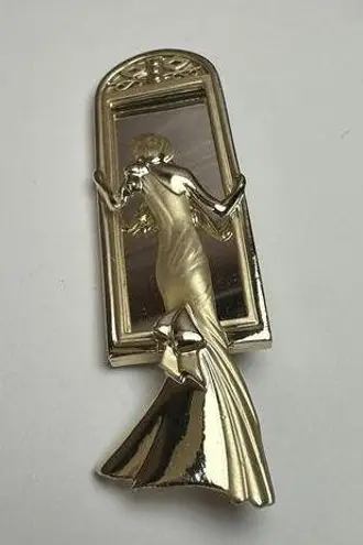 AJC Lady Standing At Mirror In Evening Dress Brooch Pin Gold Tone Signed