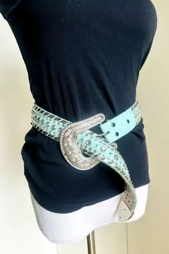 Y2K Bling Belt Size medium Blue/Green Rhinestone Chunky silver Buckle Blue