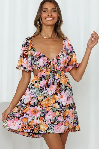 Hello Molly Black and Pink Floral Cutout Puff Sleeve Mini Dress