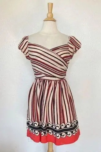 Anna Sui Beige Striped V-Neck Off The Shoulder Silk Dress