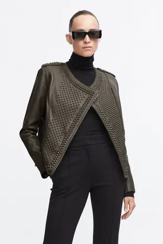 Nour Hammour Erin army green studded leather Biker jacket size FR 36 US 2 4 XS S