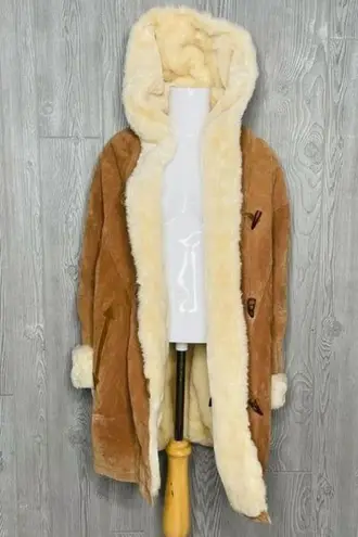 Copper collection leather faux fur lined jacket coat horn type buttons hooded sm Tan