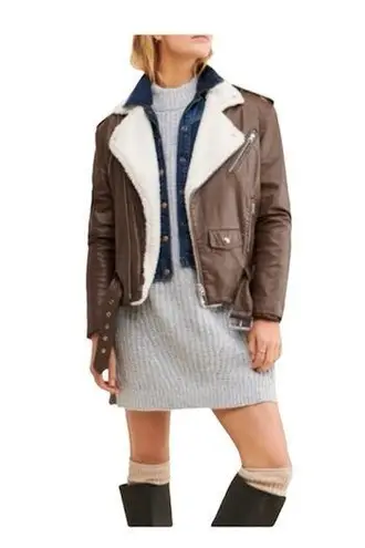 Pistola Blaine Sherpa Collar Moto Jacket Brown Vegan Leather Size Small