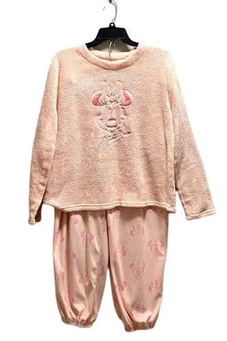 Disney  100 Minnie Mouse Fleece 2 Piece Pajama Set Pink Size XL Cozy Winter Cute