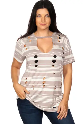 Love j Khaki Striped Distressed Cut Out Tee Plus Size 3X
