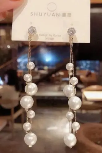 Women's White Pearl Long Tassel Dangle Drop Earrings