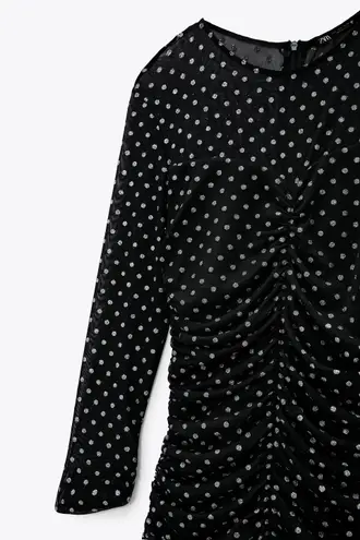 ZARA NWT  Tulle Swiss Shiny Silver Dot Black Dress