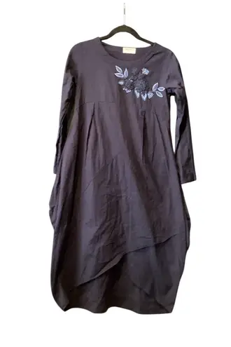 Bombay Paisley long sleeve linen cotton barrel midi Dress Prairie Lagenlook XS Blue