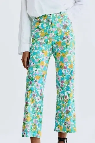 ZARA  Floral Printed Linen Blend Mini Flare Trousers