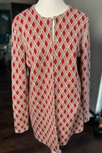 J. McLaughlin Fontaine Long Cardigan Large Red Gold Metallic Jacquard Holiday