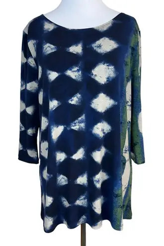 Clara Sun Woo Top Small Blue Green Gray Artsy Pattern Jersey Stretch 3/4 Sleeve