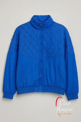 VTG Rhoda Gynne Blue Beaded 100% Silk Sweat Suit Jacket & Pants M/L (Loose FitL) Size M